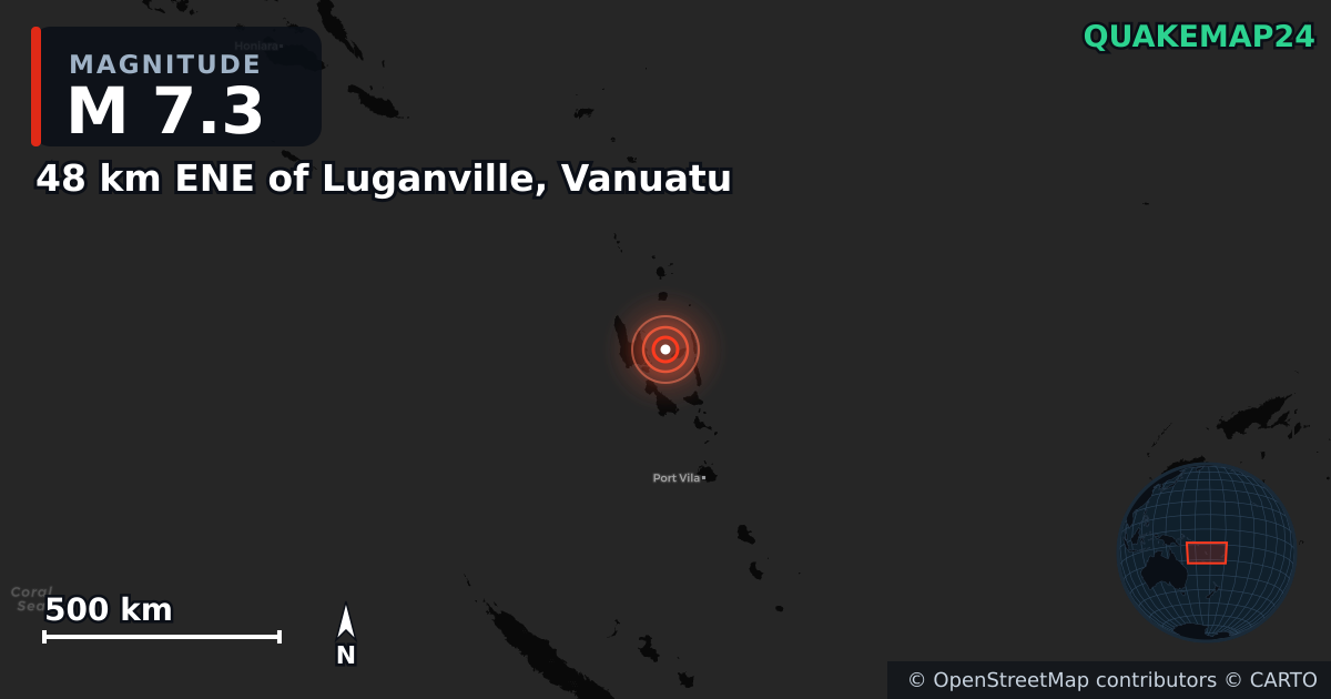 M7.3 earthquake near 48 km ENE of Luganville, Vanuatu on Mar 30, 2026 — map of epicenter and shaking intensity | QuakeMap24