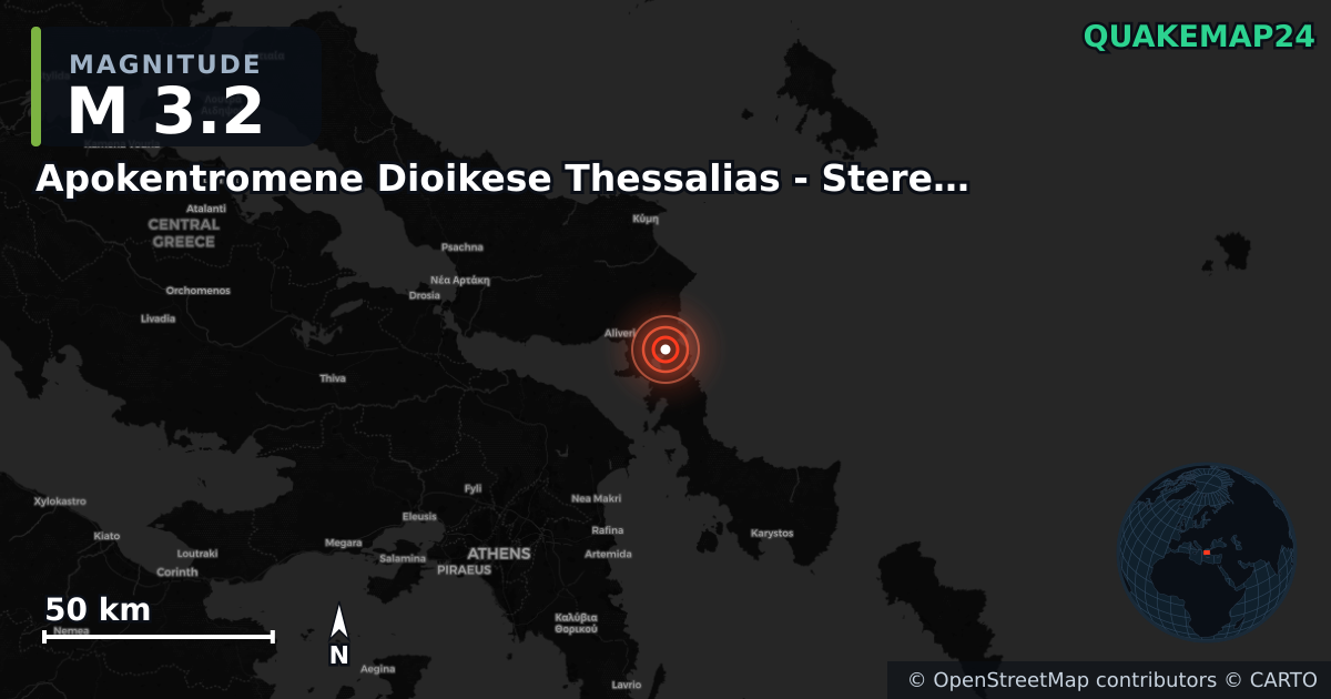 M3.2 earthquake near Apokentromene Dioikese Thessalias - Stereas Ellados on Oct 2, 2025 — map of epicenter and shaking intensity | QuakeMap24