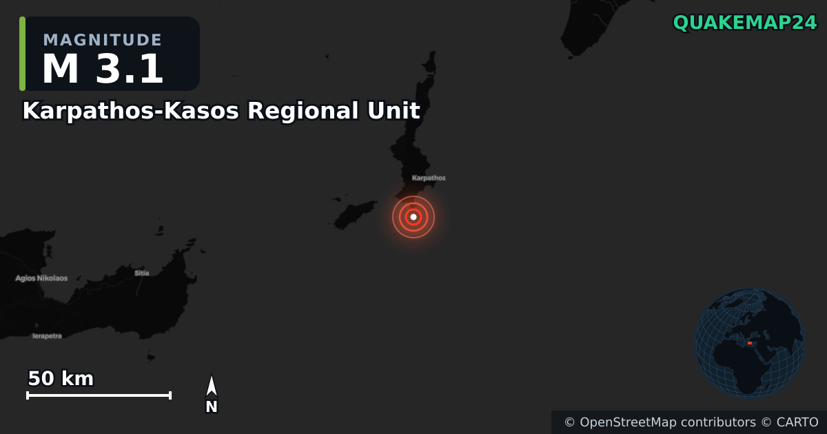 M3.1 earthquake near Karpathos-Kasos Regional Unit on Jul 14, 2026 — map of epicenter and shaking intensity | QuakeMap24