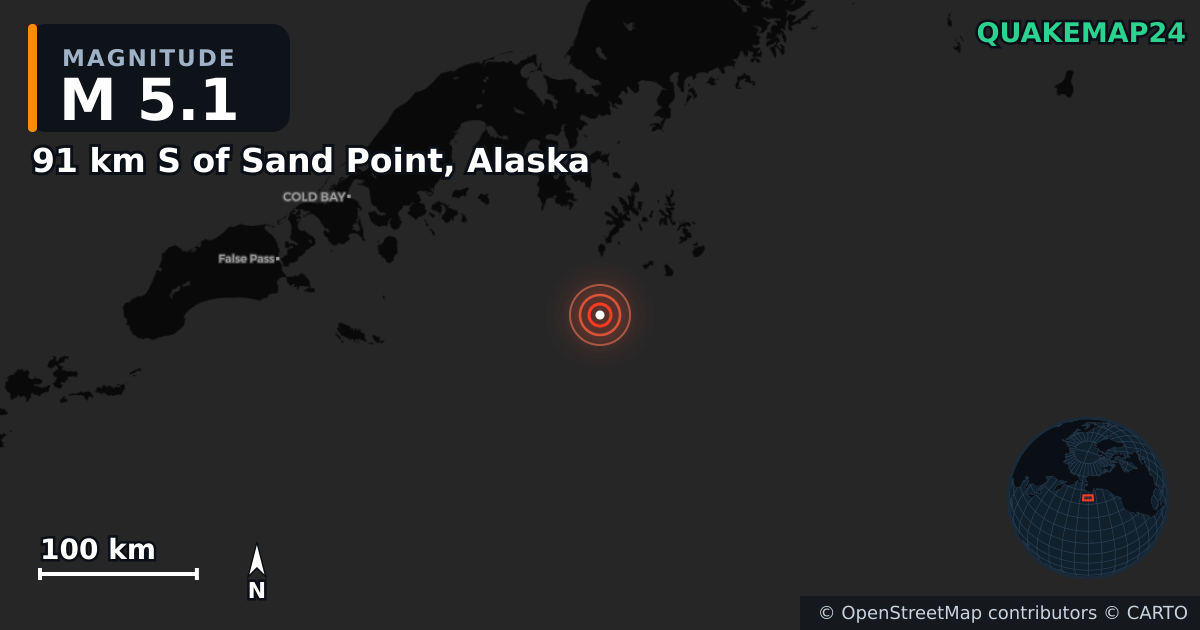 M5.1 earthquake near 91 km S of Sand Point, Alaska on Jul 17, 2025 — map of epicenter and shaking intensity | QuakeMap24