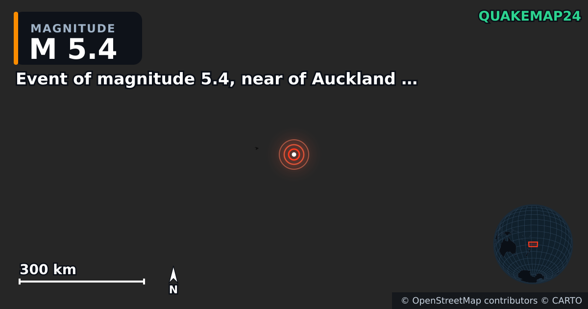 M5.4 earthquake near Event of magnitude 5.4, near of Auckland (Monde) on Jan 26, 2026 — map of epicenter and shaking intensity | QuakeMap24