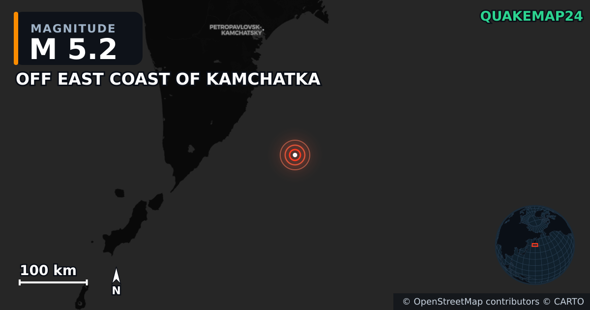 OFF EAST COAST OF KAMCHATKA yakınında M5,2 deprem — Deprem merkez üssünün konumunu gösteren harita