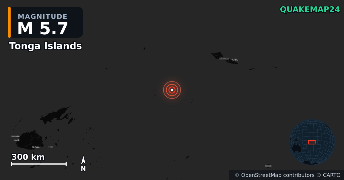M5.7 earthquake near Tonga Islands on Nov 28, 2025 — map of epicenter and shaking intensity | QuakeMap24