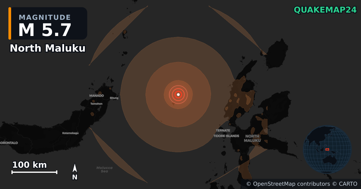 M5.7 earthquake near North Maluku on Aug 4, 2026 — map of epicenter and shaking intensity | QuakeMap24