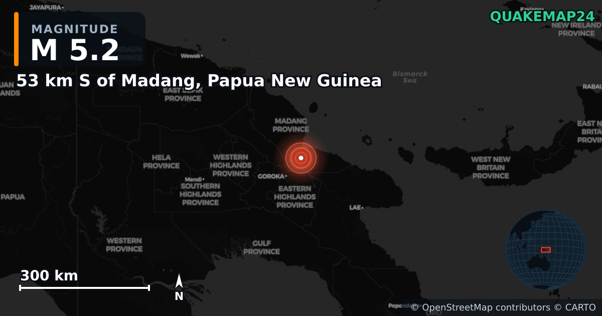 M5.2 earthquake near 53 km S of Madang, Papua New Guinea on Apr 4, 2025 — map of epicenter and shaking intensity | QuakeMap24