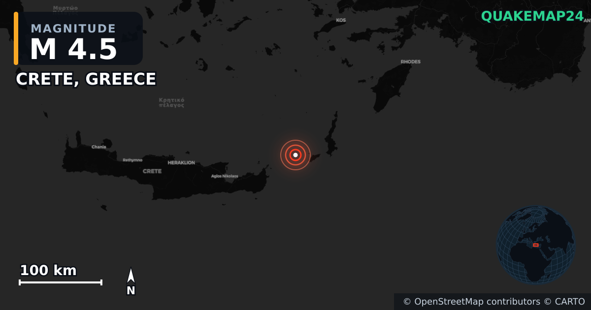 M4.5 earthquake near CRETE, GREECE on Apr 30, 2025 — map of epicenter and shaking intensity | QuakeMap24