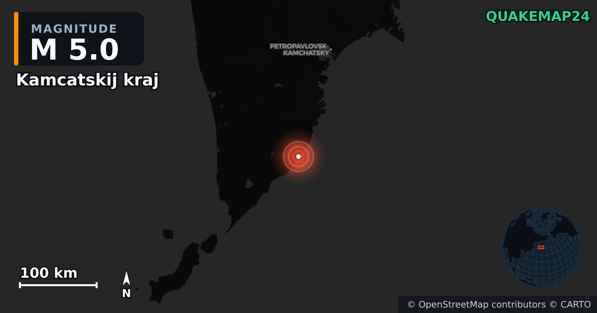 M5.0 earthquake near Kamcatskij kraj on Sep 14, 2025 — map of epicenter and shaking intensity | QuakeMap24
