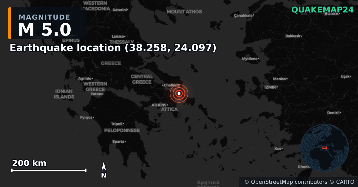 M5.0 earthquake near Lieu du séisme (38.258, 24.097) on Sep 8, 2025 — map of epicenter and shaking intensity | QuakeMap24