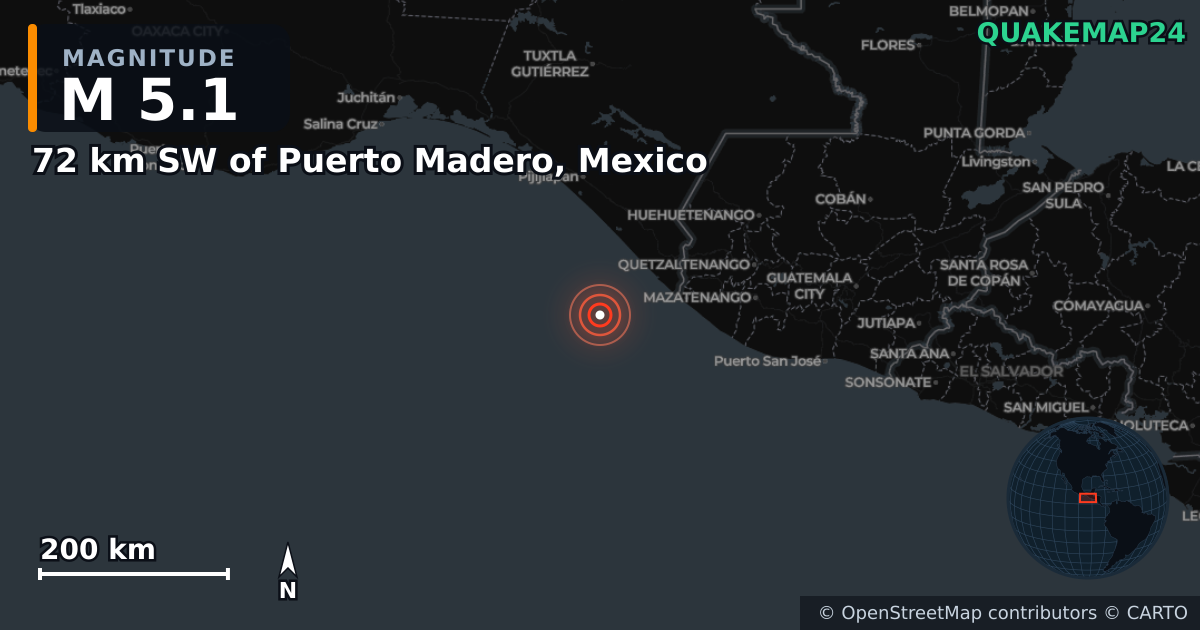 Σεισμός M5,1 κοντά στο 72 km SW of Puerto Madero, Mexico · 2026-07-17 — Χάρτης της θέσης του επικέντρου
