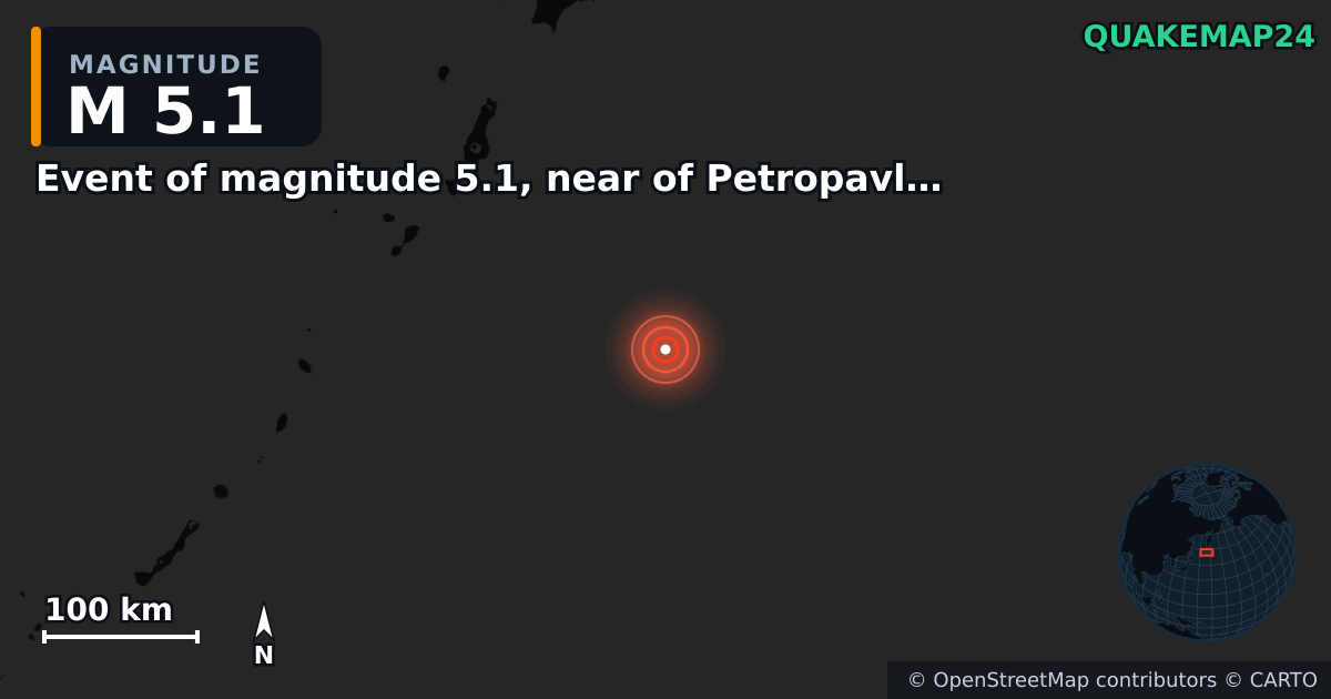 M5.1 earthquake near Event of magnitude 5.1, near of Petropavlovsk Kamchatskiy (Monde) on Sep 20, 2025 — map of epicenter and shaking intensity | QuakeMap24