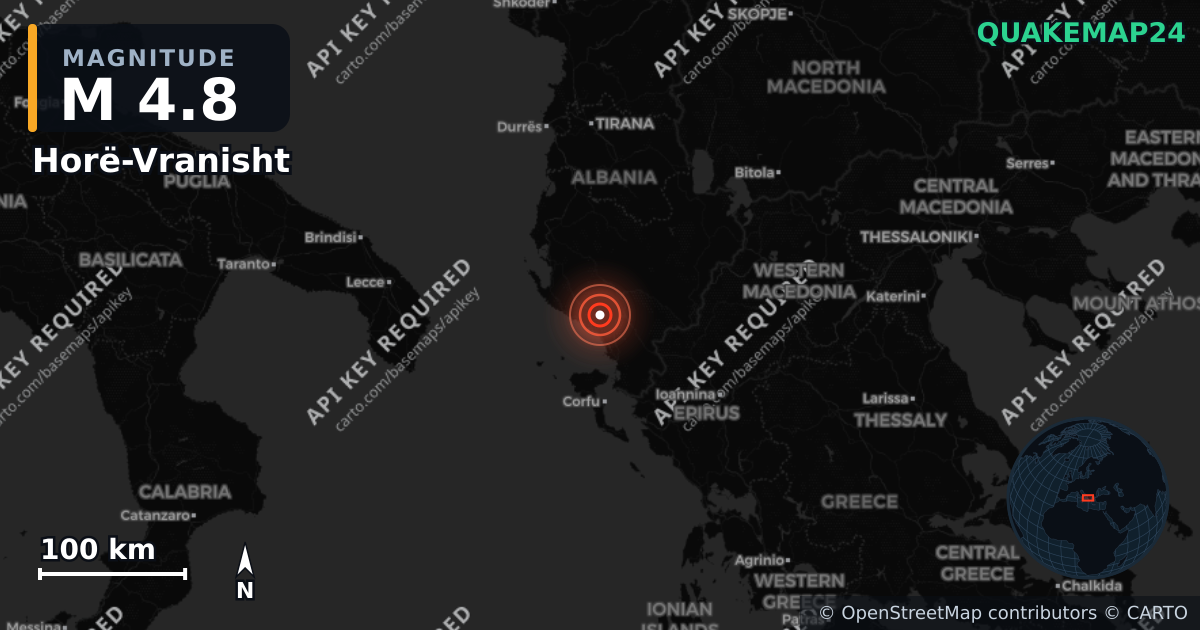M4.8 earthquake near Horë-Vranisht on Aug 29, 2026 — map of epicenter and shaking intensity | QuakeMap24