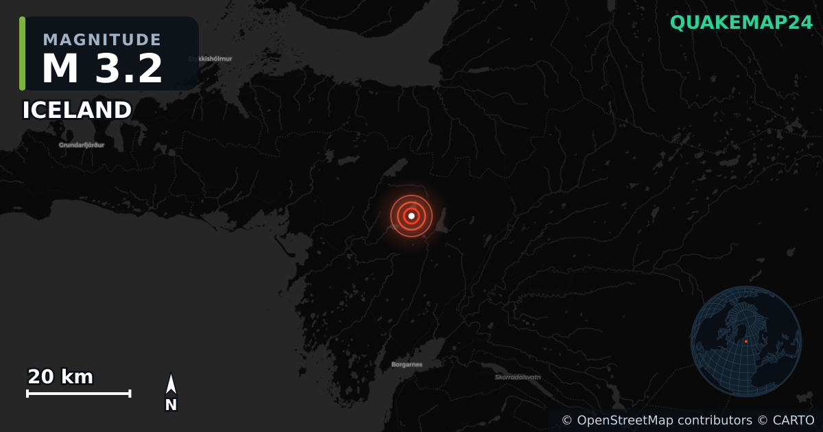 M3.2 earthquake near ICELAND on Jun 2, 2025 — map of epicenter and shaking intensity | QuakeMap24