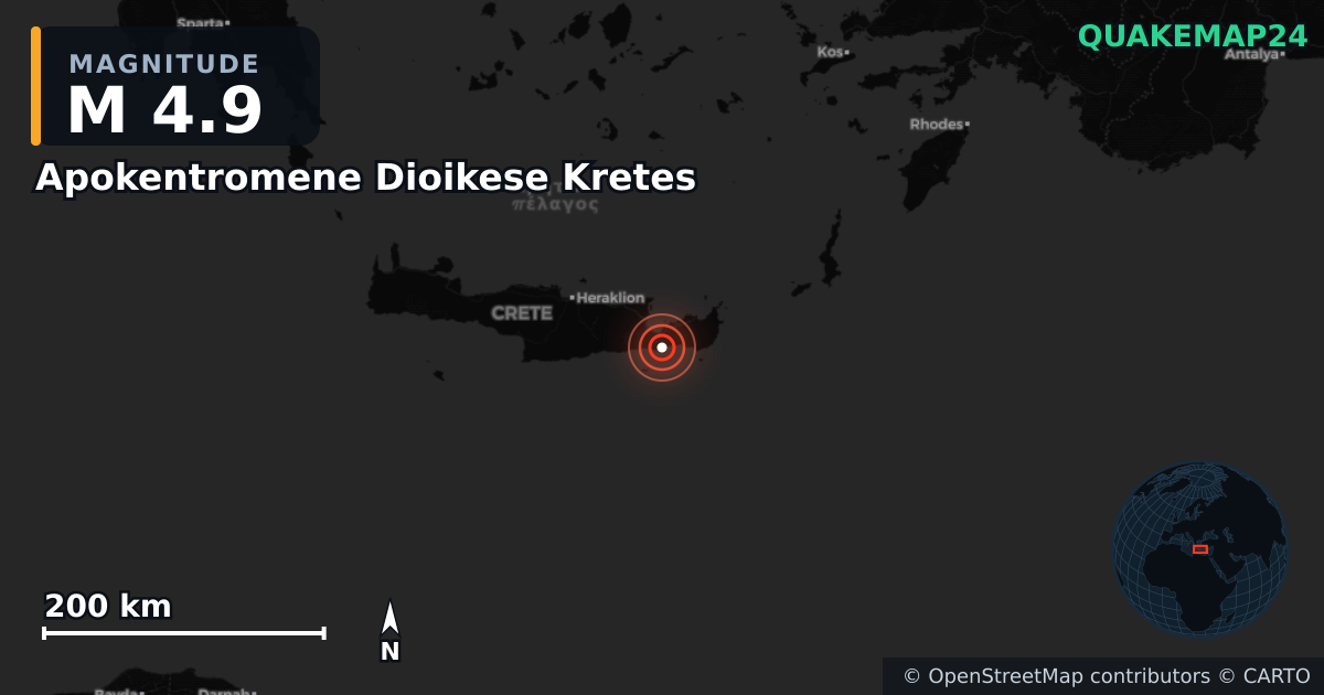 M4.9 earthquake near Apokentromene Dioikese Kretes on Jun 3, 2025 — map of epicenter and shaking intensity | QuakeMap24