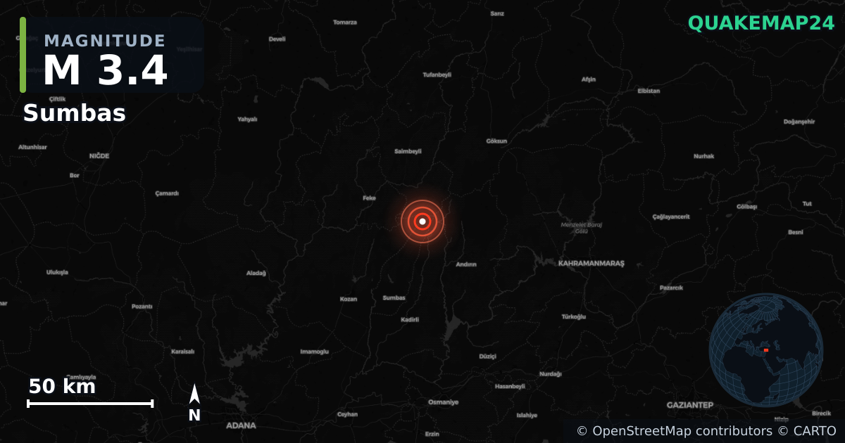 M3.4 earthquake near Sumbas on Jul 18, 2026 — map of epicenter and shaking intensity | QuakeMap24