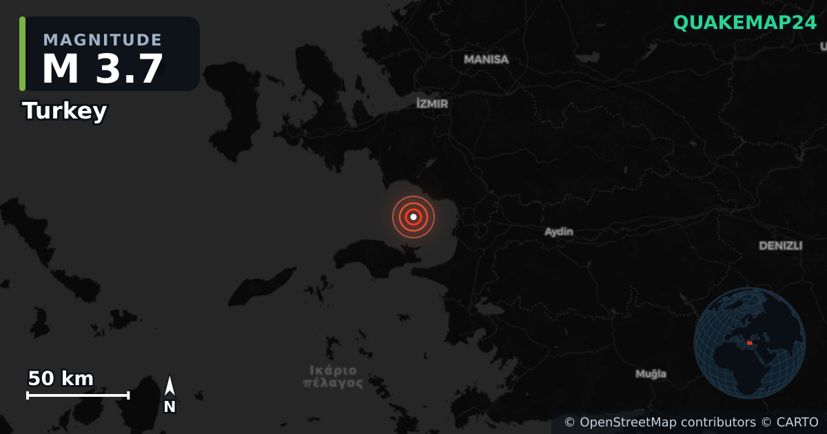 M3.7 earthquake near Turkey on Oct 27, 2025 — map of epicenter and shaking intensity | QuakeMap24