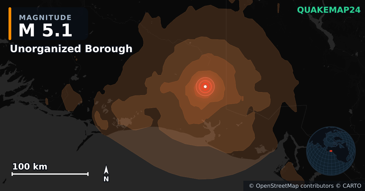 M5.1 earthquake near Unorganized Borough on Jul 16, 2026 — map of epicenter and shaking intensity | QuakeMap24