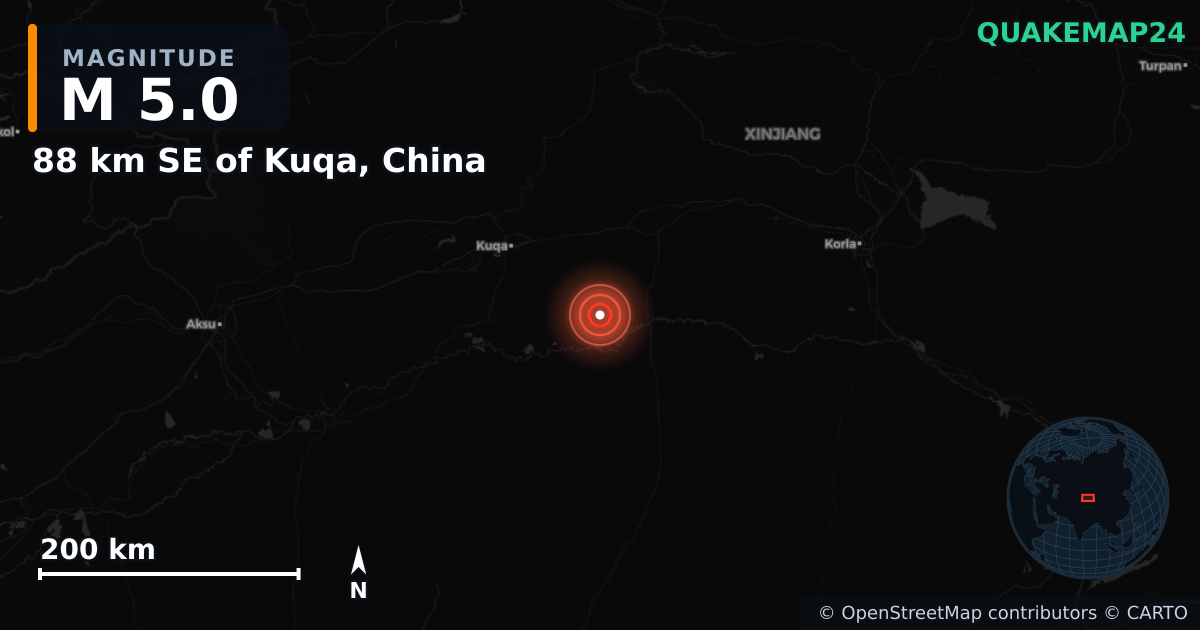 M5.0 earthquake near 88 km SE of Kuqa, China on Feb 4, 2025 — map of epicenter and shaking intensity | QuakeMap24
