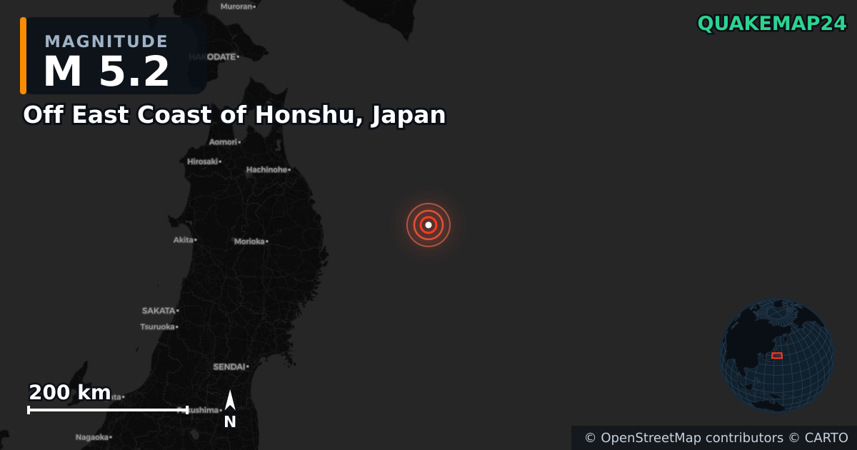M5.2 earthquake near Off East Coast of Honshu, Japan on Apr 21, 2026 — map of epicenter and shaking intensity | QuakeMap24