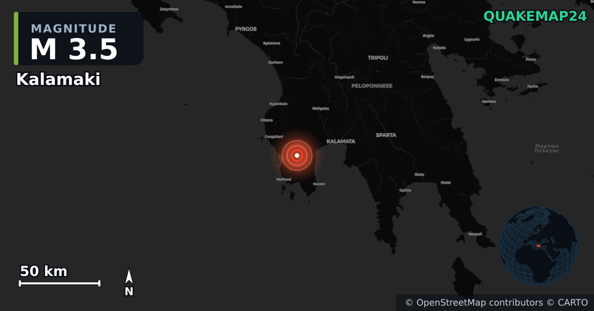 M3.5 earthquake near Kalamaki on Sep 21, 2025 — map of epicenter and shaking intensity | QuakeMap24