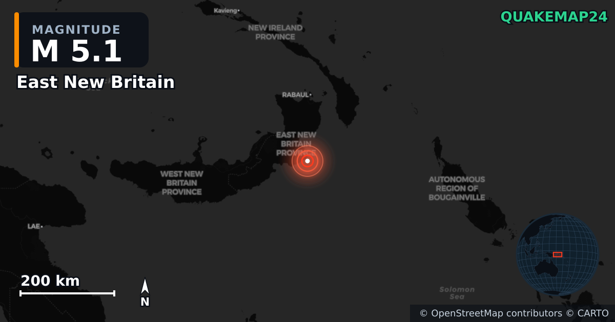M5.1 earthquake near East New Britain on Jan 4, 2026 — map of epicenter and shaking intensity | QuakeMap24