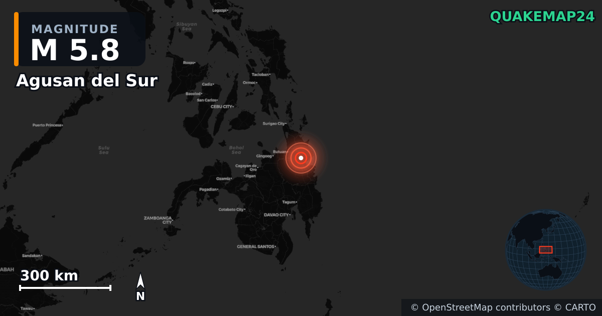 M5.8 earthquake near Agusan del Sur on Oct 11, 2025 — map of epicenter and shaking intensity | QuakeMap24