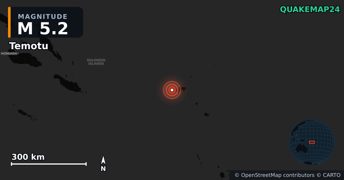 M5.2 earthquake near Temotu on Feb 25, 2026 — map of epicenter and shaking intensity | QuakeMap24