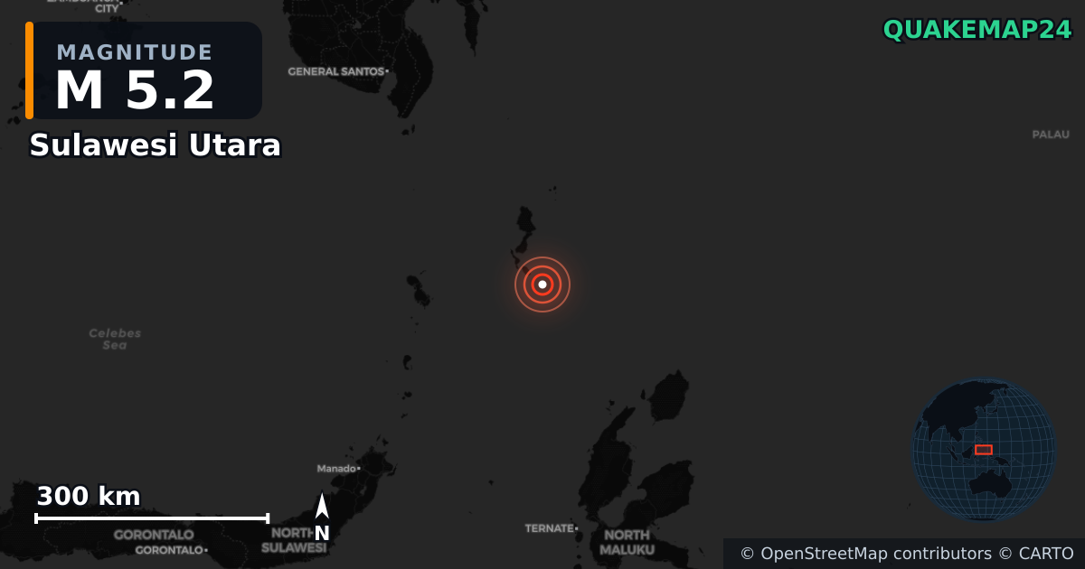 M5.2 earthquake near Sulawesi Utara on Jan 10, 2026 — map of epicenter and shaking intensity | QuakeMap24