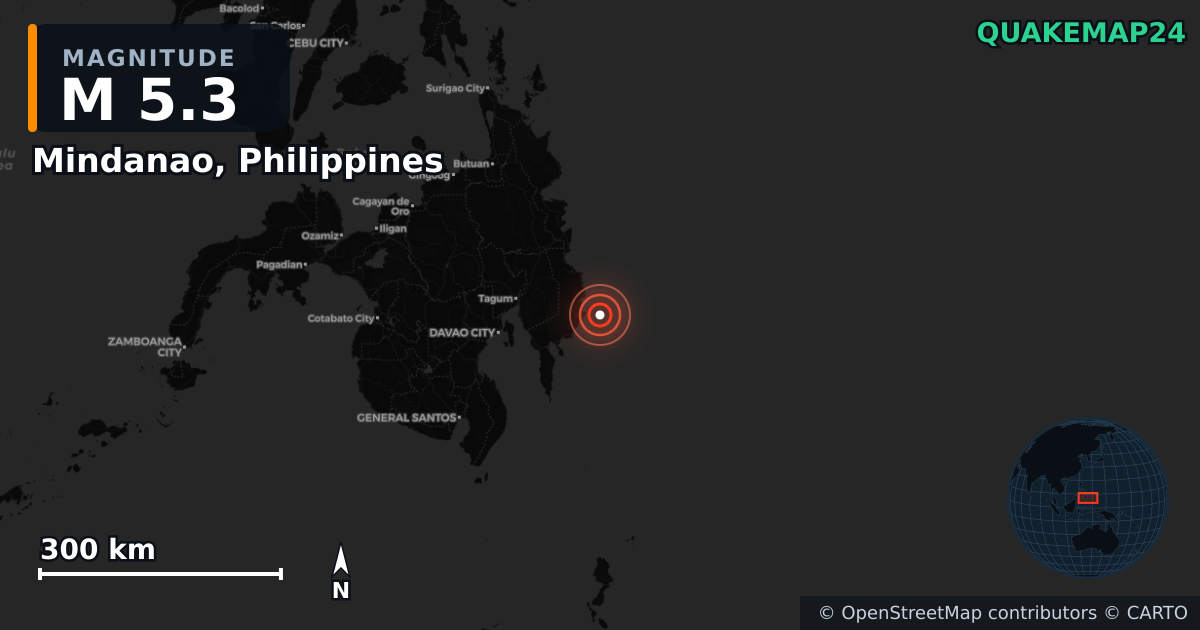 Erdbeben M5,3 bei Mindanao, Philippines — Karte der Lage des Epizentrums