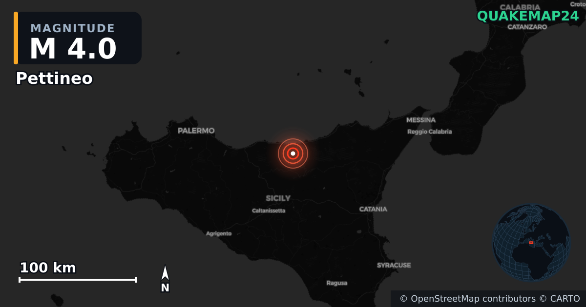 M4.0 earthquake near Pettineo on Mar 21, 2026 — map of epicenter and shaking intensity | QuakeMap24