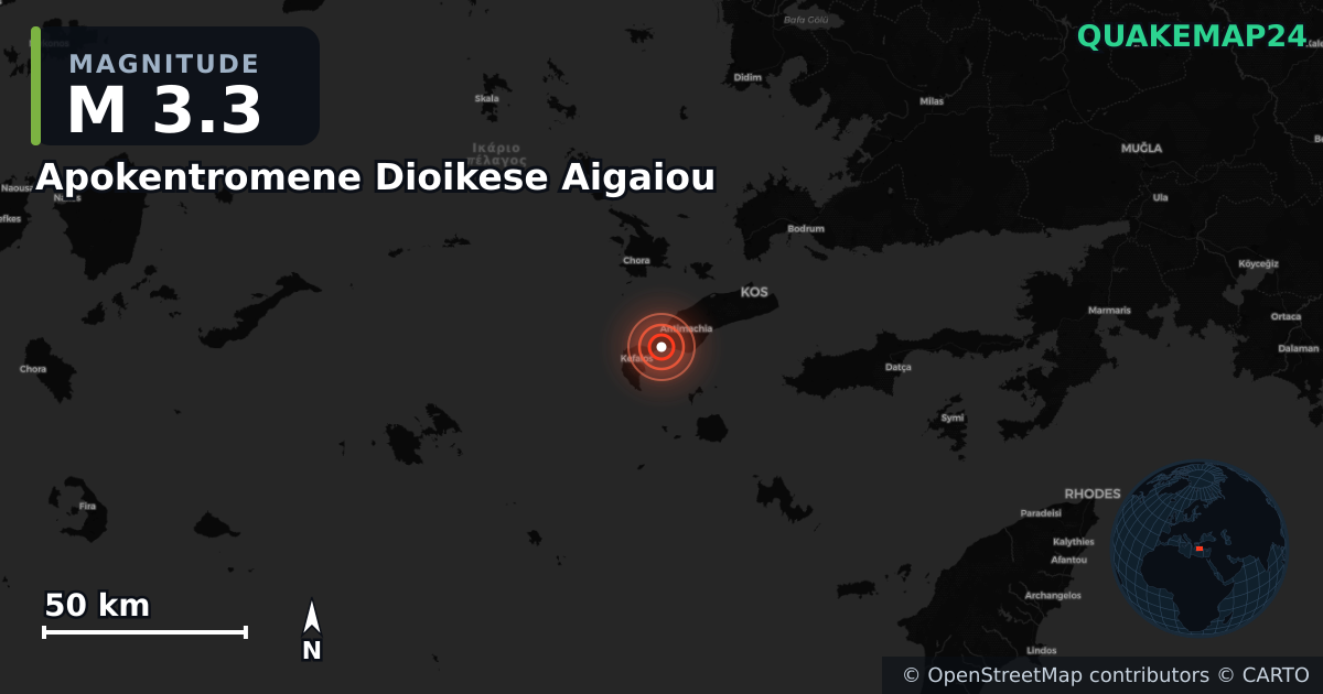 M3.3 earthquake near Apokentromene Dioikese Aigaiou on Dec 22, 2025 — map of epicenter and shaking intensity | QuakeMap24
