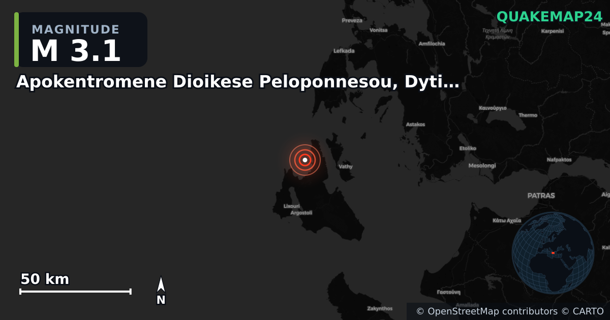 M3.1 earthquake near Apokentromene Dioikese Peloponnesou, Dytikes Elladas kai Ioniou on Sep 17, 2025 — map of epicenter and shaking intensity | QuakeMap24
