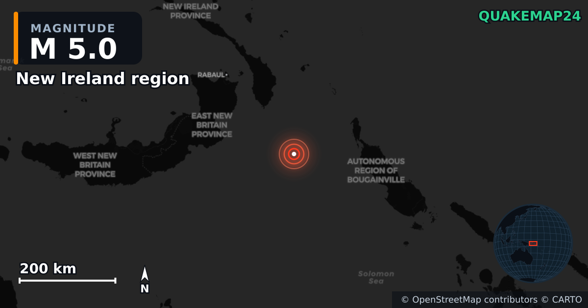 M5.0 earthquake near New Ireland region on Jan 14, 2026 — map of epicenter and shaking intensity | QuakeMap24