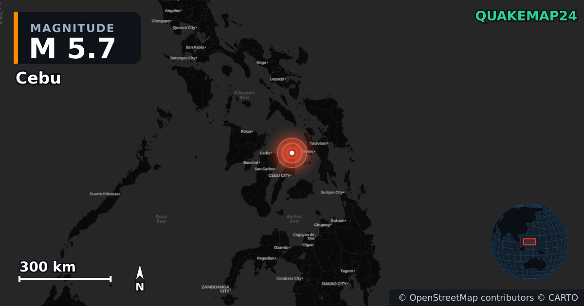M5.7 earthquake near Cebu on Oct 12, 2025 — map of epicenter and shaking intensity | QuakeMap24