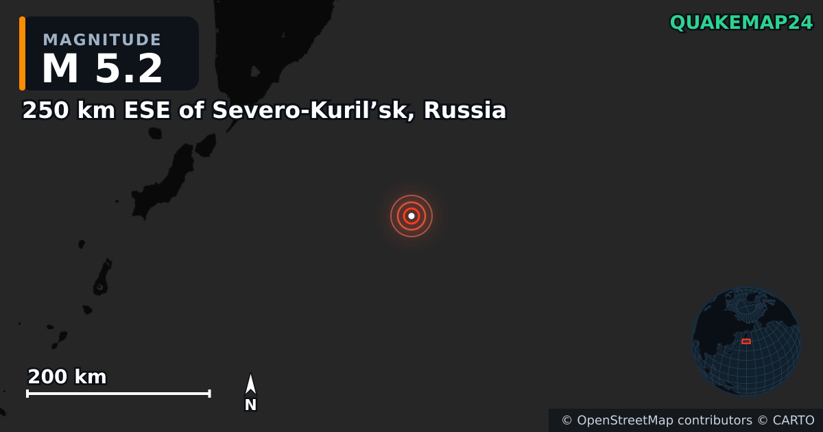 Erdbeben M5,2 bei 250 km ESE of Severo-Kuril’sk, Russia — Karte der Lage des Epizentrums