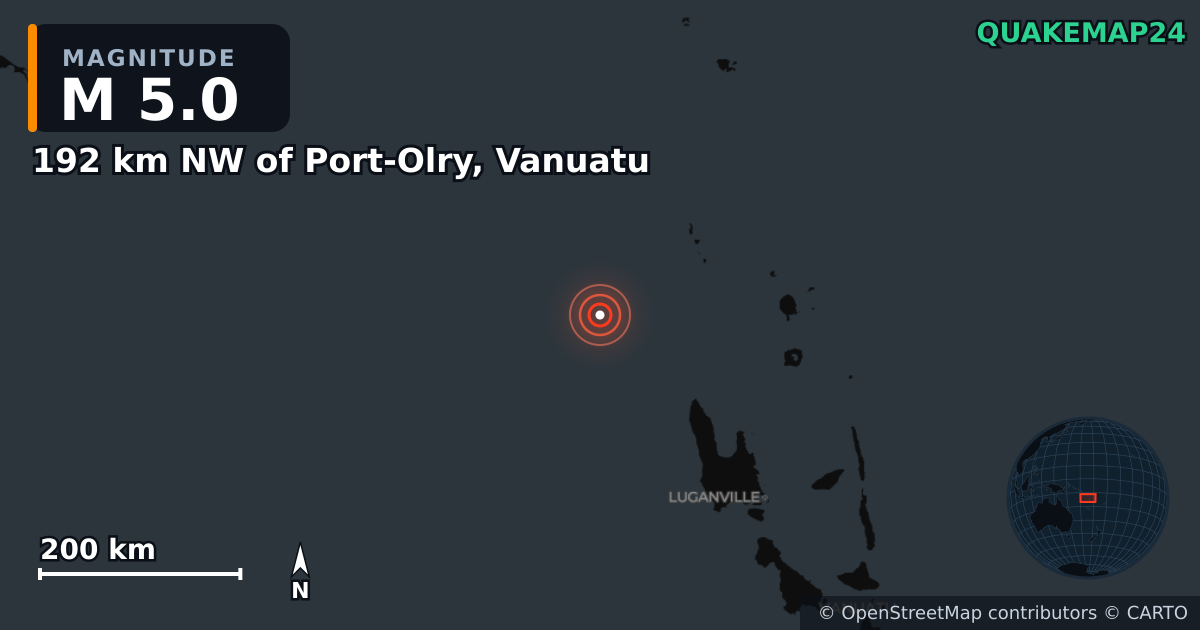 192 km NW of Port-Olry, Vanuatu yakınında M5,0 deprem · 2026-10-24 — Deprem merkez üssünün konumunu gösteren harita
