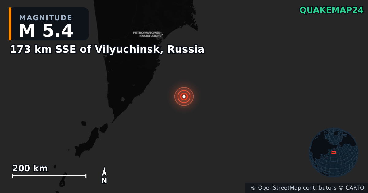 Erdbeben M5,4 bei 173 km SSE of Vilyuchinsk, Russia — Karte der Lage des Epizentrums