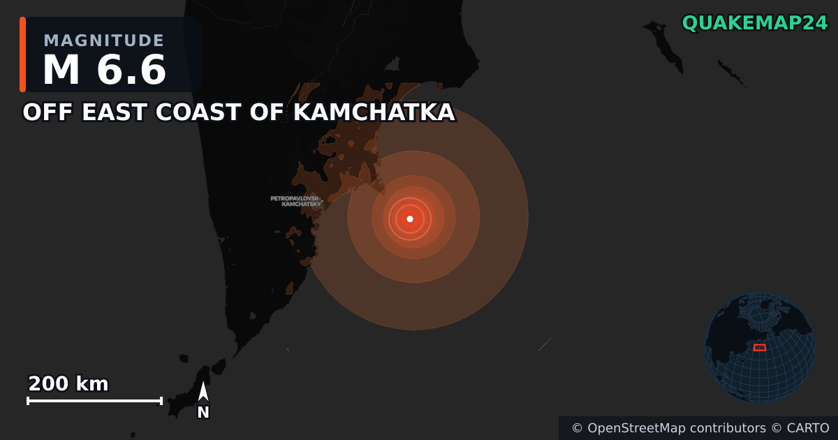 M6.6 earthquake near OFF EAST COAST OF KAMCHATKA on Jun 19, 2026 — map of epicenter and shaking intensity | QuakeMap24
