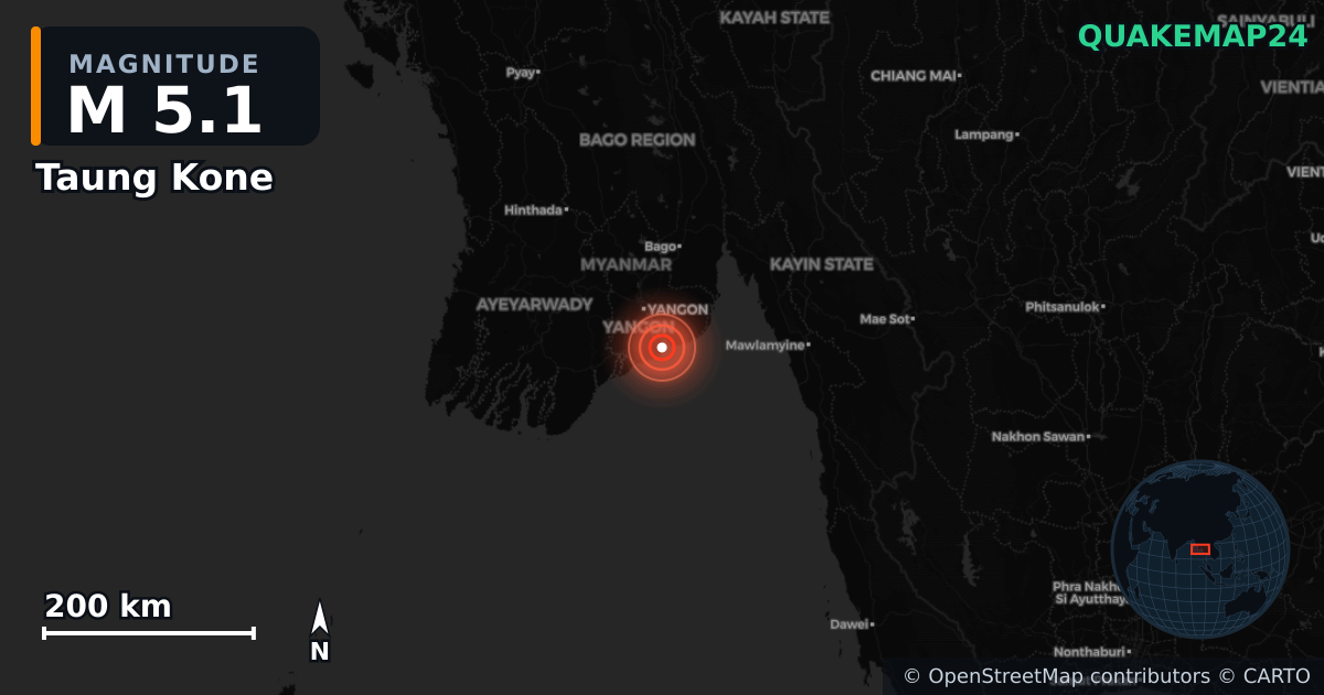 M5.1 earthquake near Taung Kone on May 18, 2026 — map of epicenter and shaking intensity | QuakeMap24