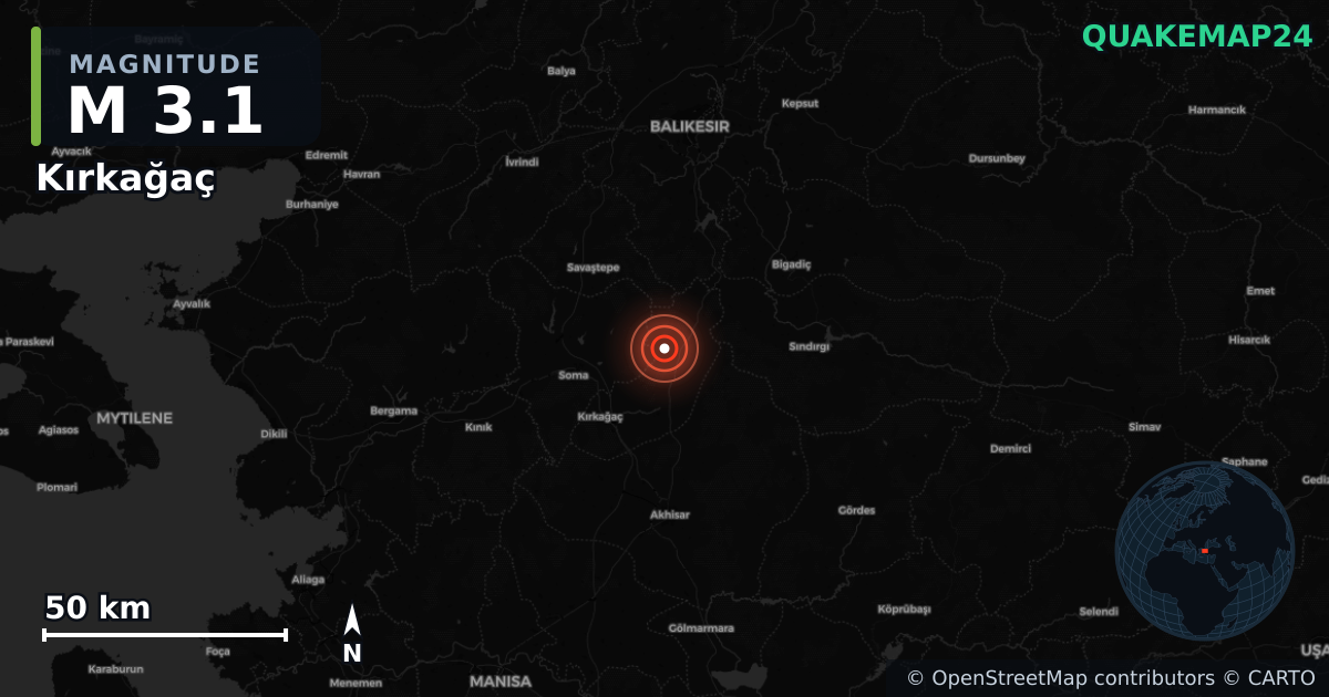 M3.1 earthquake near Kırkağaç on Sep 9, 2025 — map of epicenter and shaking intensity | QuakeMap24