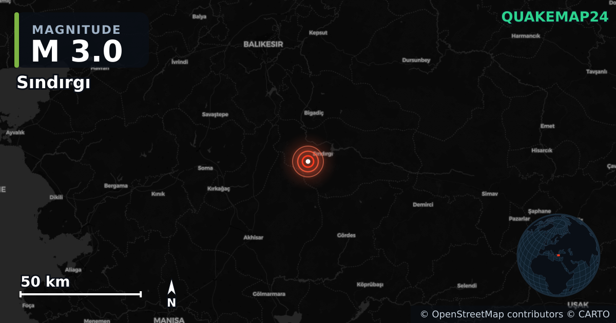 M3.0 earthquake near Sındırgı on Nov 9, 2025 — map of epicenter and shaking intensity | QuakeMap24
