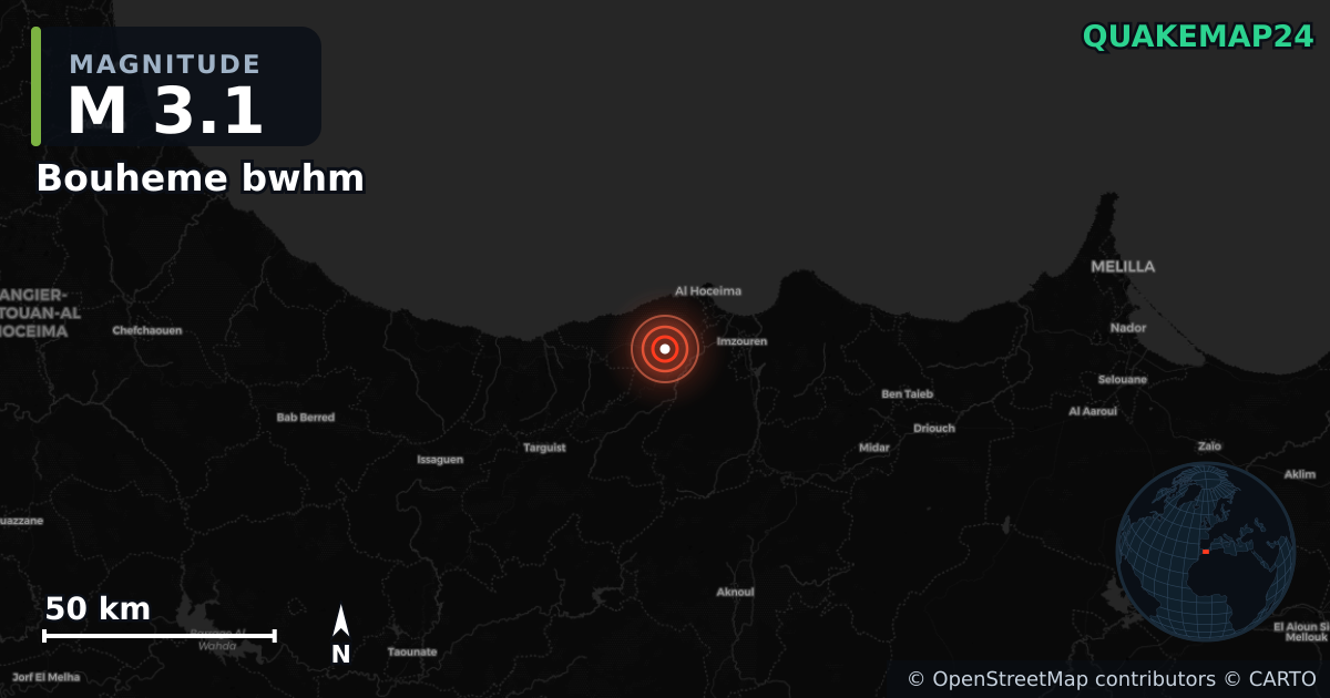 M3.1 earthquake near Bouheme bwhm on May 30, 2026 — map of epicenter and shaking intensity | QuakeMap24