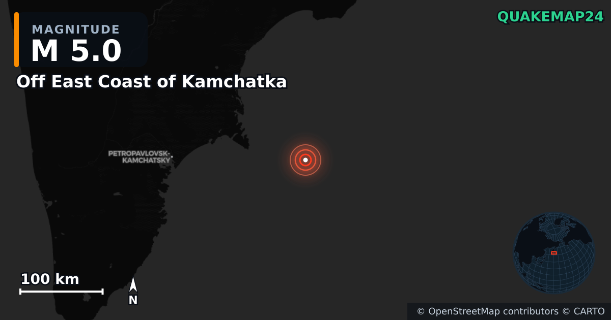 M5.0 earthquake near Off East Coast of Kamchatka on Jul 31, 2025 — map of epicenter and shaking intensity | QuakeMap24