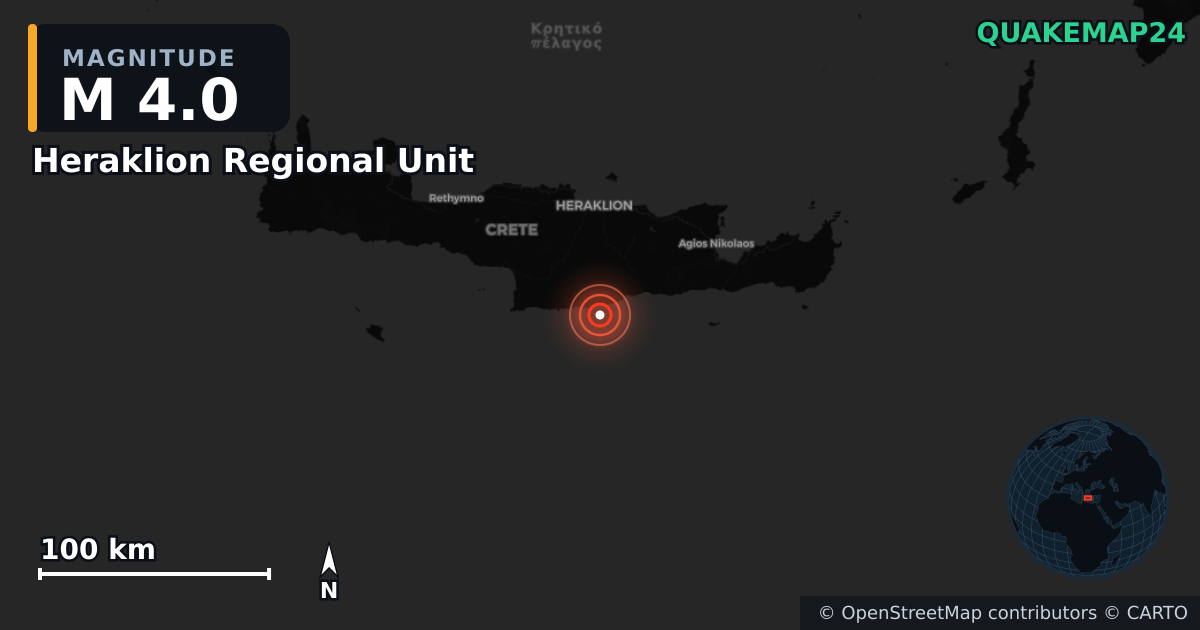 M4.0 earthquake near Heraklion Regional Unit on Jun 9, 2026 — map of epicenter and shaking intensity | QuakeMap24