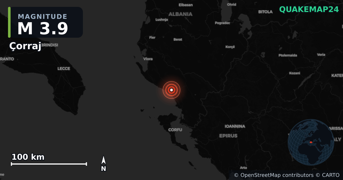 M3.9 earthquake near Çorraj on Jun 19, 2026 — map of epicenter and shaking intensity | QuakeMap24