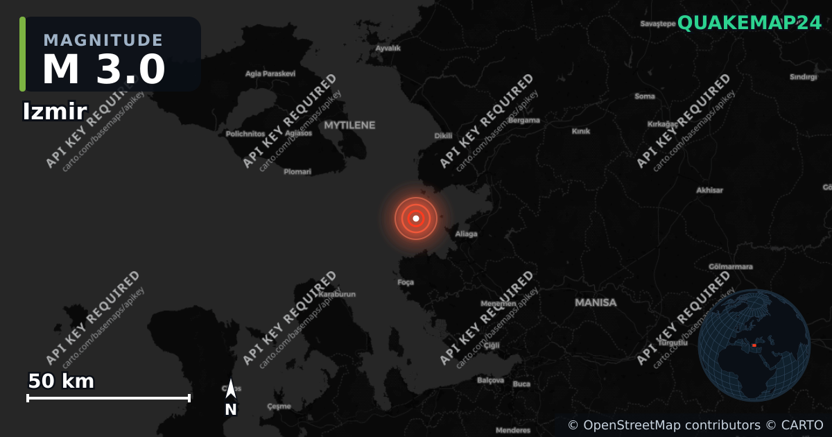 M3.0 earthquake near Izmir on Aug 27, 2026 — map of epicenter and shaking intensity | QuakeMap24