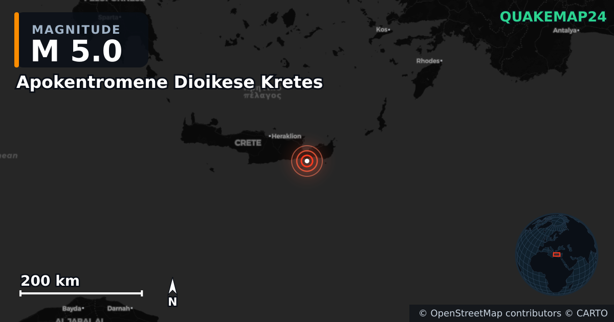 M5.0 earthquake near Apokentromene Dioikese Kretes on Jun 3, 2025 — map of epicenter and shaking intensity | QuakeMap24