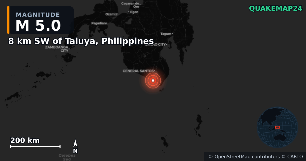 Σεισμός M5,0 κοντά στο 8 km SW of Taluya, Philippines — Χάρτης της θέσης του επικέντρου