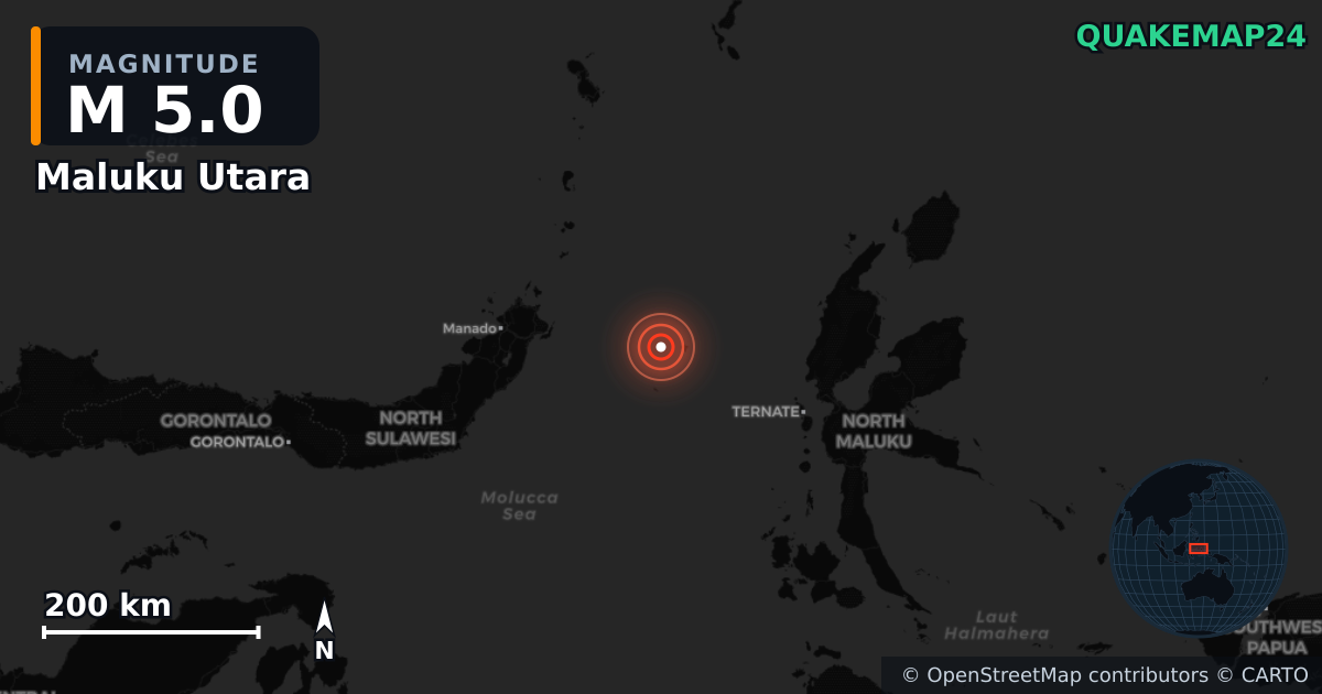 M5.0 earthquake near Maluku Utara on Jun 3, 2025 — map of epicenter and shaking intensity | QuakeMap24