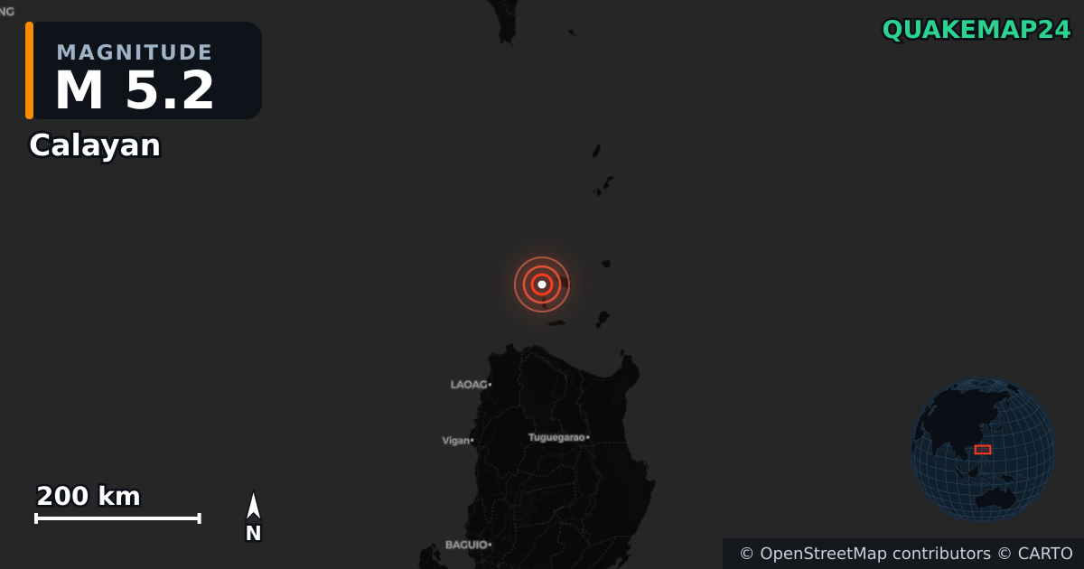 M5.2 earthquake near Calayan on Feb 22, 2026 — map of epicenter and shaking intensity | QuakeMap24