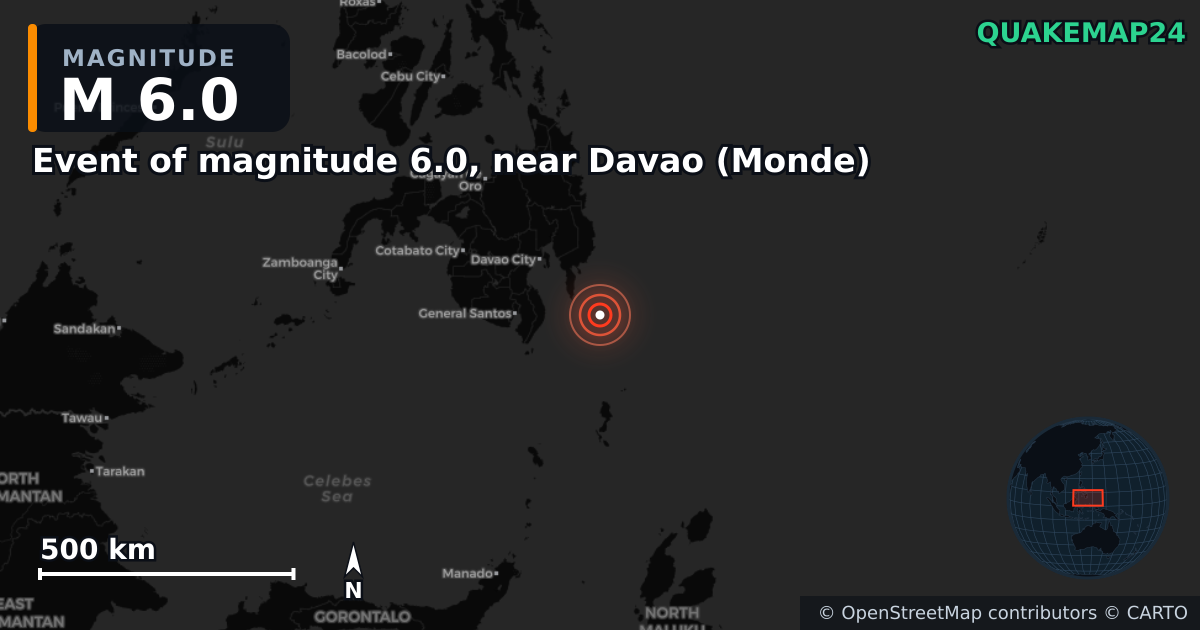M6.0 Earthquake near Event of magnitude 6.0, near Davao (Monde) · 2026-06-15 — Map showing the location of the epicenter